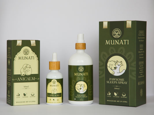 Raminančių lašų ir aromaterapinio purškalo rinkinys naminiams gyvūnams, Munati