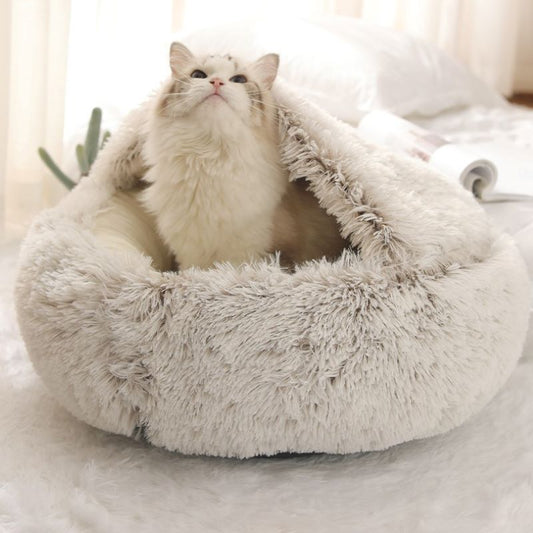 Luxurious Fluffy Hooded Cat & Dog Bed Cave with Hooded Blanket, Up to 6.8kg, 50cm